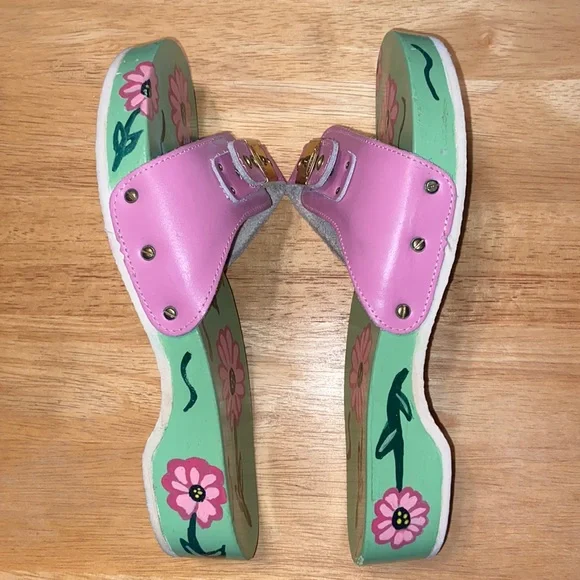 Dr Scholls Hand Painted Pink Patent Leather Wooden Exercise Sandals Vintage 70’s - Picture 3 of 9